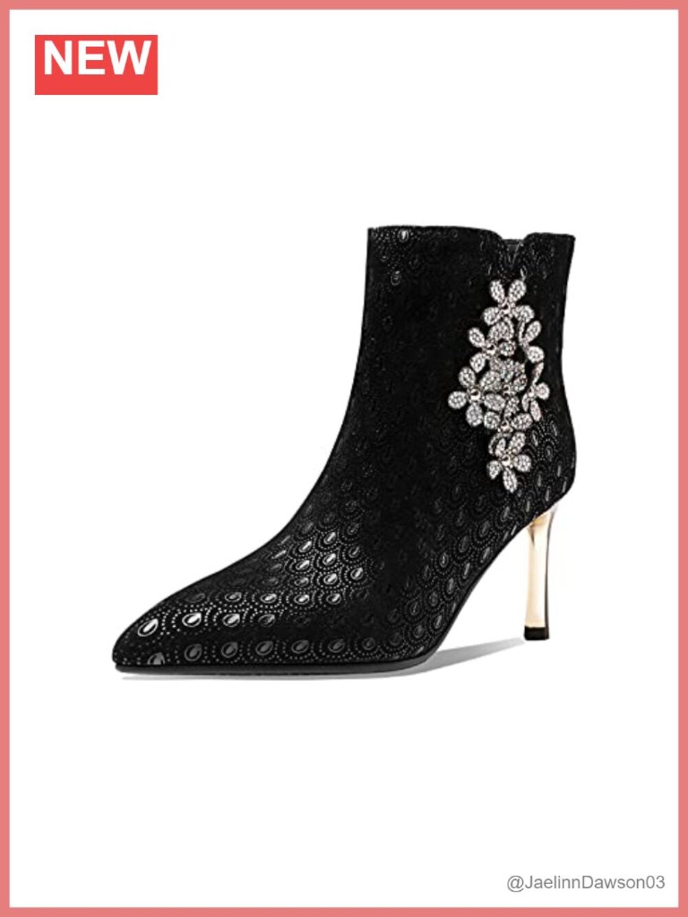 Rhinestone Flower Ankle Boots Leather Pointed Toe Stiletto Heel Zip Bootie